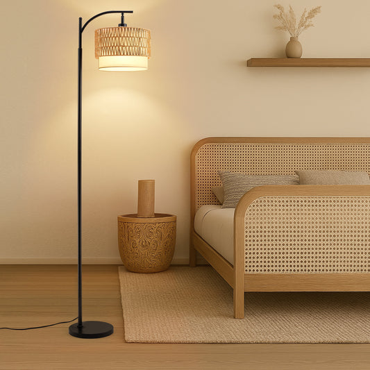 Boho Floor Lamp for Living Room, Rattan Standing Lamp with Double Drum Shade, Dimmable Farmhouse Floor Lamp for Bedroom, 3 Color Temperatures Bulb Included