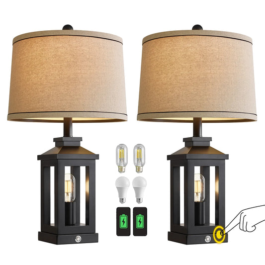 23.75" MDF Plastic Table Lamps Farmhouse Lamp Set of 2 for Living Room Bedroom Bedside Nightstand Lamps with USB A+C Ports(4 Bulbs)