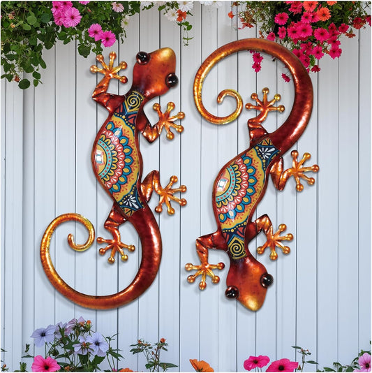 Lizard Metal Wall Art Decor - 2 Pack 15 Inch Metal Wall Decor, Lizard Outdoor Hanging Glass Sculpture Decoration for Yard Garden Art, Patio Fence Home, Unique Gift Ideas