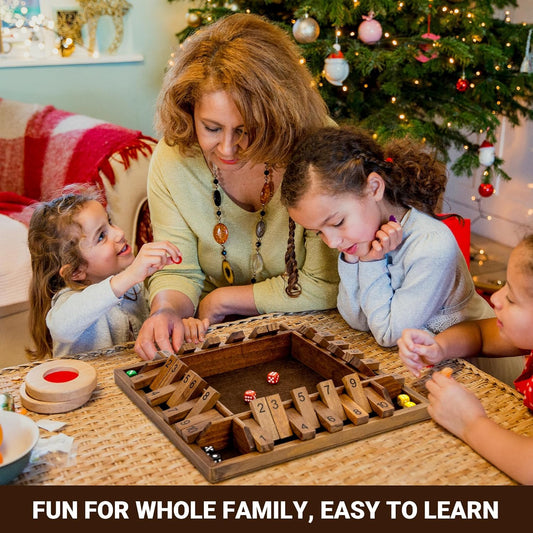 14 Inches 4-Way Shut the Box Game (2-4 Players) for Kids & Adults (4 Sided Large Shut the Board Game Wooden, 8 Dice) – Vintage Style,Close the Box Game,Dice Game