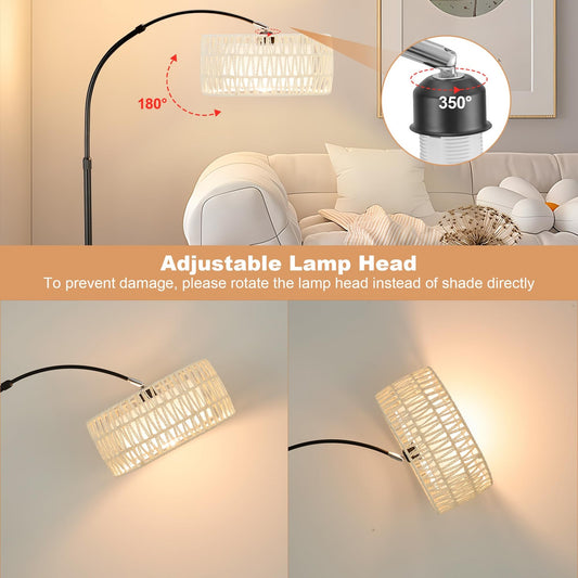 Arc Floor Lamp for Living Room, Stylish Rattan Boho Floor Lamp with 3 Color