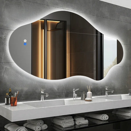 Asymmetrical Frameless LED Mirror with Anti-Fog,Three Color Lighting Designed for Bathroom Vanity and Home Decor