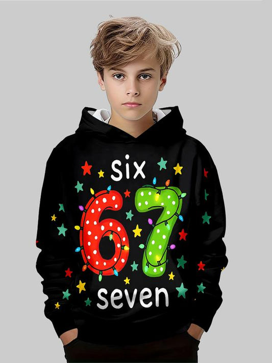 Christmas Light Number 67 Theme Kids Hoodie, Christmas Visual Wind Top, Fun Design & Trendy Art, Casual Fitted Style
