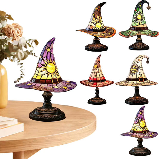 Stained Glass Witch Hat Lamp USB Powered Creative Table Lamp Bedside Lamp for Living Room Home Bedroom Decoration