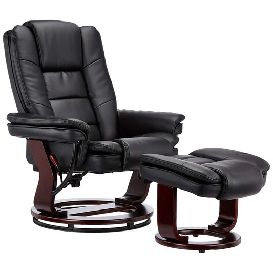 32" Contemporary Leather Recliner and Ottoman with Swiveling Mahogany Wood Base