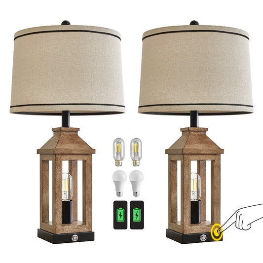 23.75" MDF Plastic Brown Table Lamps Farmhouse Lamp Set of 2 for Living Room Bedroom Bedside Nightstand Lamps with USB A+C Ports(4 Bulbs)