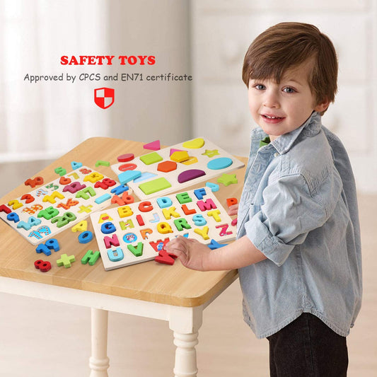 Wooden Puzzles for Toddlers, Alphabet Number Shape Learning Puzzle for Kids Ages 3 4 5, Montessori Toys Preschool Education Chunky Jigsaw for Boys and Girls