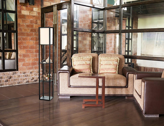 LF1014-BLK 62.5" Modern Etagere Organizer Storage 3 Shelf Floor Lamp with White Linen Fabric Shade for Home Décor, Office, Study, Bedroom, Living Room, Dining Room, Black