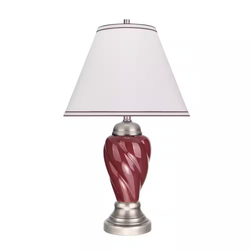 26 In. Burgundy Ceramic Table Lamp with Hardback Empire Shaped Lamp Shade in Off-White