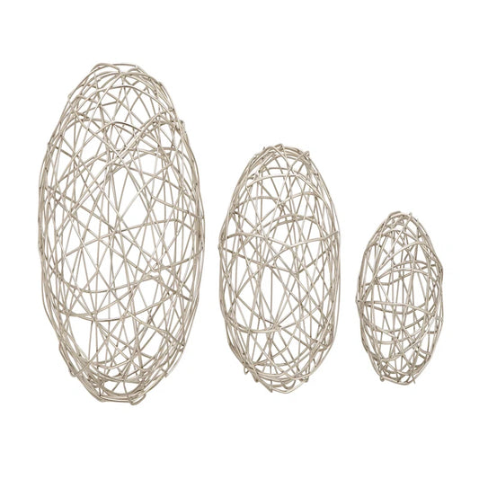 Gold Metal Geometric Wire Orb Decorative Sculpture, Set of 3 8", 6", 4"D