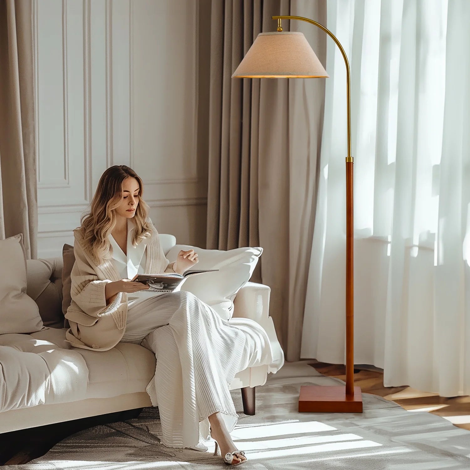 63" MDF Metal Tall Floor Lamp with Lamp Shade, Farmhouse Standing Lamp for Bedroom, Living Room, Office