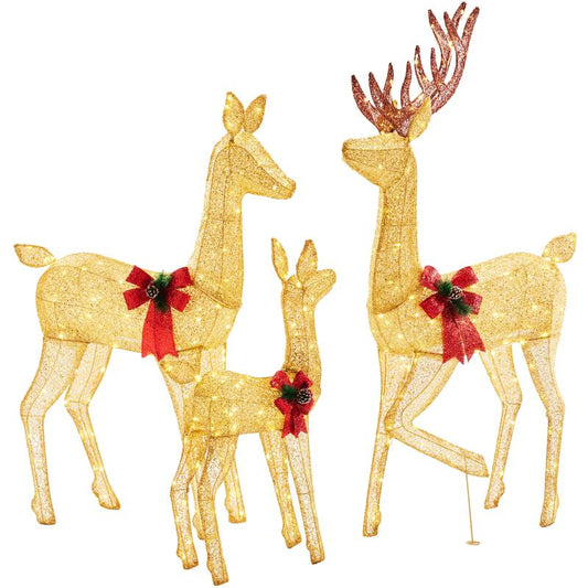 Large Lighted Christmas Deer Family Set with 360 Bright LED Warm Lights Standing Reindeer, Lawn Decor, Indoor Outdoor Front Yard Holiday Decoration, Stakes, Zip Ties, 3-Piece Gold