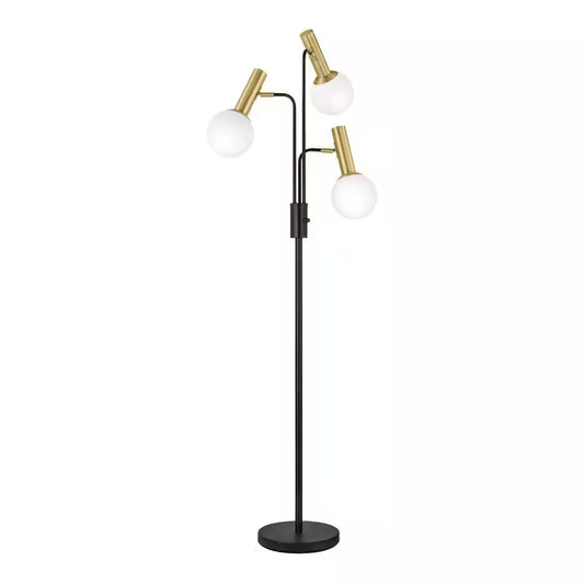 Kingsbridge 70 In. 3-Light Black and Gold Tree Floor Lamp with White Glass Globe Shades