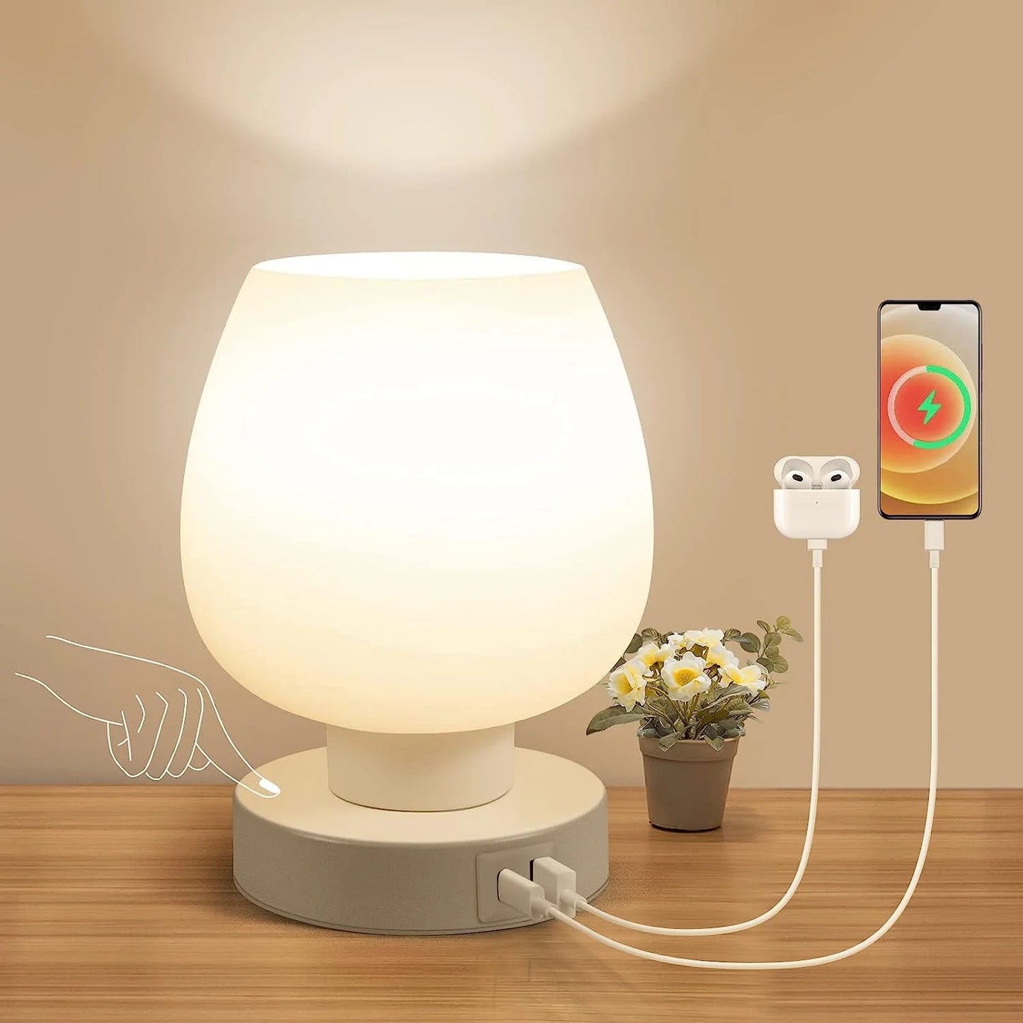 Bedside Lamp, Touch Control Table Lamp with USB A+C Charging Ports, 3-Way Dimmable Small Nightstand Lamp with Glass Lamp Shade for Bedroom Living Room