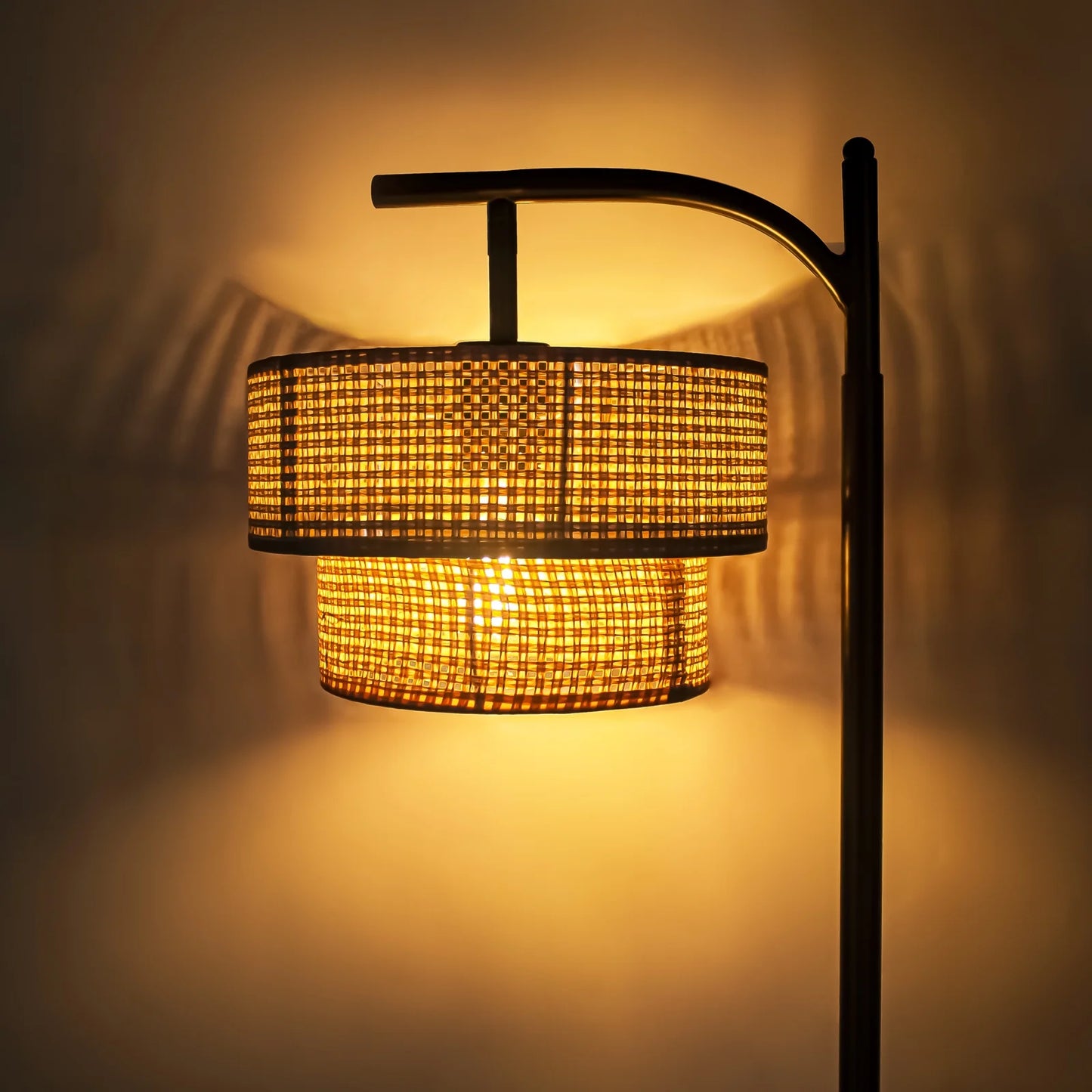 Arc Floor Lamp, Farmhouse Floor Lamp with Double Lampshade, Rattan Boho Tall Standing Lamp for Living Room Bedroom Offfice(Beige)