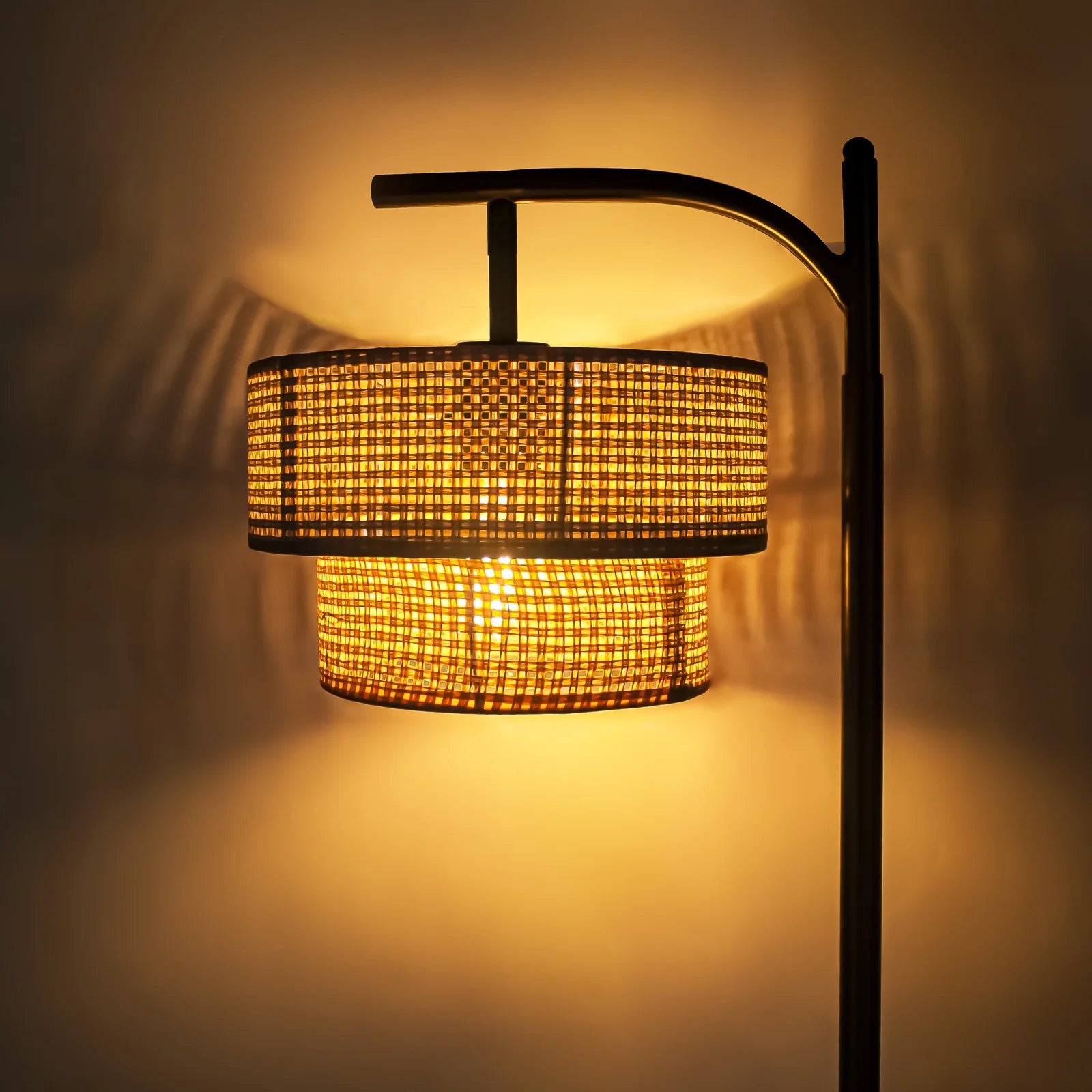 Arc Floor Lamp, Farmhouse Floor Lamp with Double Lampshade, Rattan Boho Tall Standing Lamp for Living Room Bedroom Offfice(Beige)