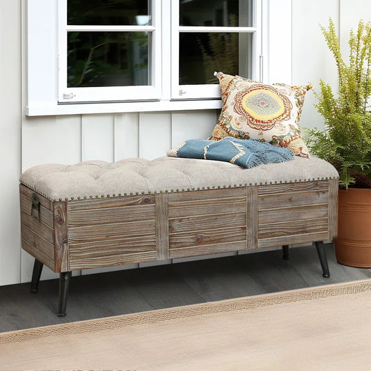 Elmont Rustic Farmhouse Flip-Top Storage Bench – Natural Wood Upholstered Bed-End & Entryway Hidden Storage