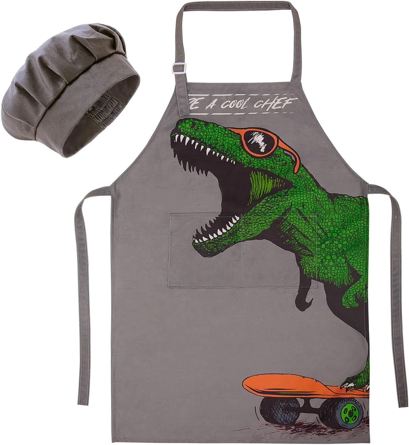 Kids Apron and Chef Hat for Boys Dinosaur Adjustable Child Aprons with Pockets for Cooking Baking Painting 3-12 Years