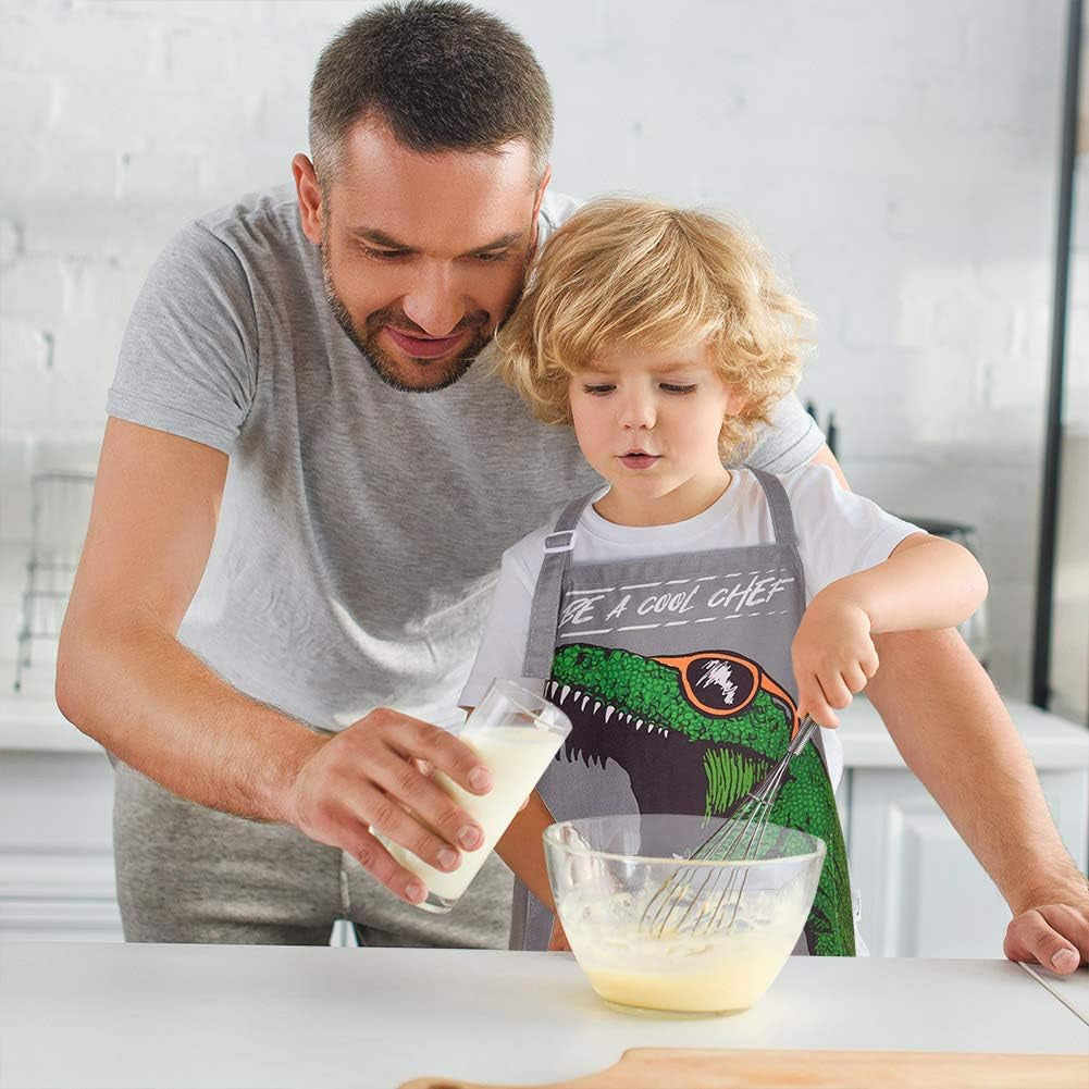 Kids Apron and Chef Hat for Boys Dinosaur Adjustable Child Aprons with Pockets for Cooking Baking Painting 3-12 Years