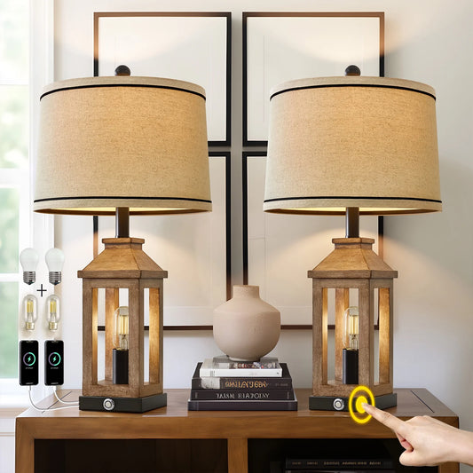 23.75" MDF Plastic Brown Table Lamps Farmhouse Lamp Set of 2 for Living Room Bedroom Bedside Nightstand Lamps with USB A+C Ports(4 Bulbs)