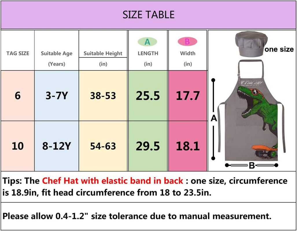 Kids Apron and Chef Hat for Boys Dinosaur Adjustable Child Aprons with Pockets for Cooking Baking Painting 3-12 Years
