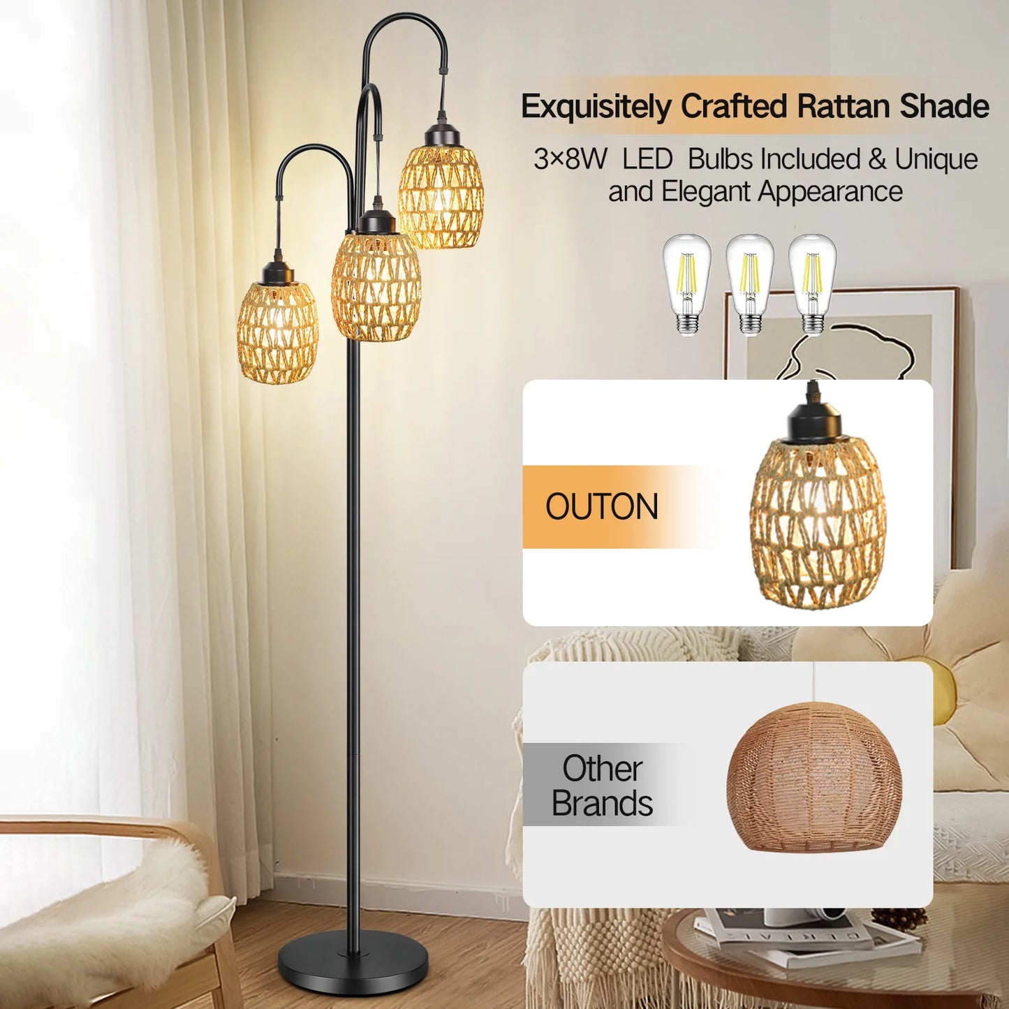 69'' Tree Floor Lamp for Living Room Clearance, 3 Light Dimmable Tall Standing Lamp with Rattan Lampshade, Farmhouse Floor Lamp with 3 LED Bulbs for Bedroom Office, Boho