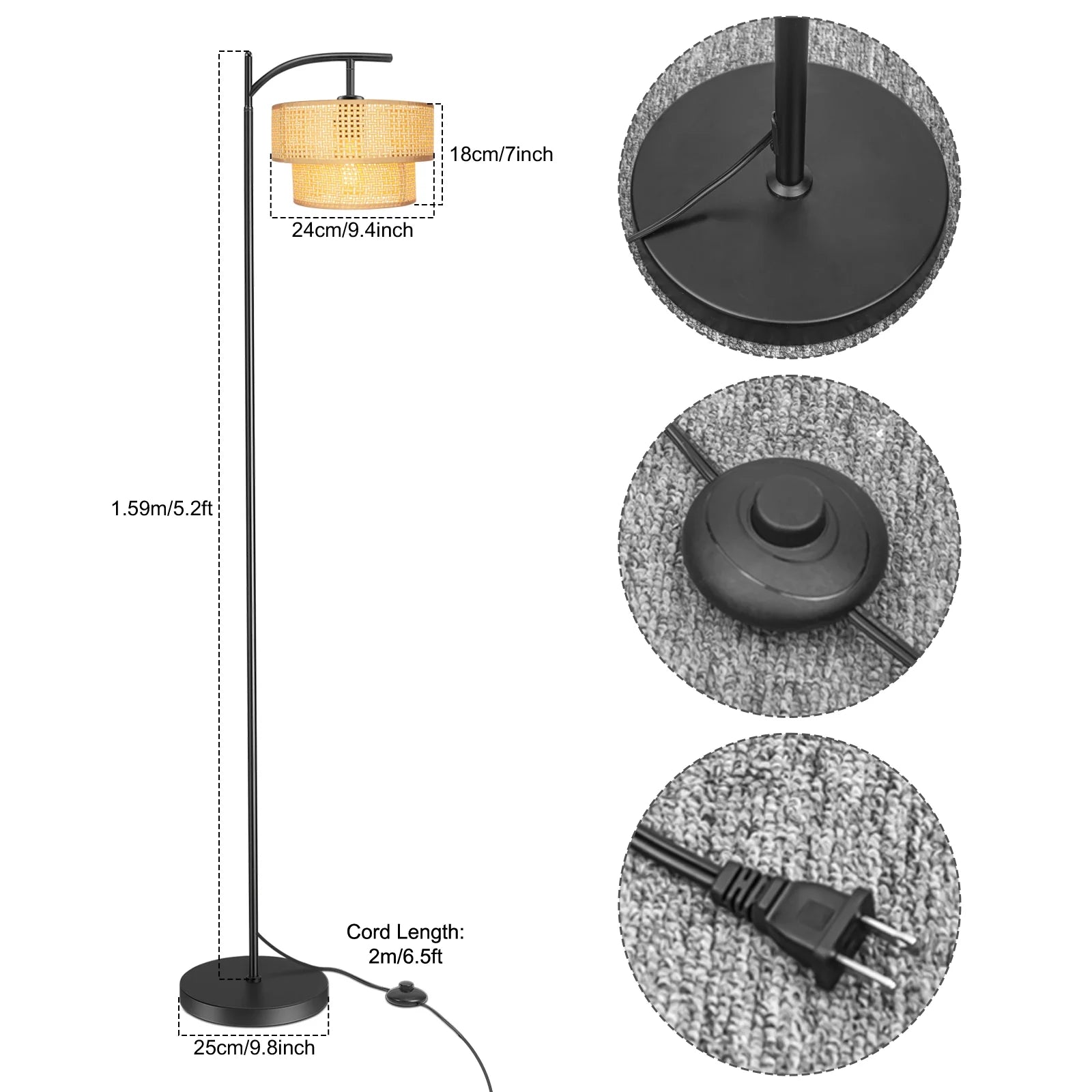 Arc Floor Lamp, Farmhouse Floor Lamp with Double Lampshade, Rattan Boho Tall Standing Lamp for Living Room Bedroom Offfice(Beige)
