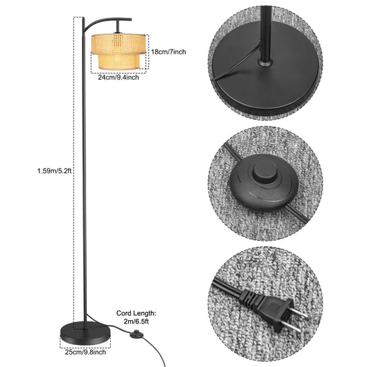 Arc Floor Lamp, Farmhouse Floor Lamp with Double Lampshade, Rattan Boho Tall Standing Lamp for Living Room Bedroom Offfice(Beige)