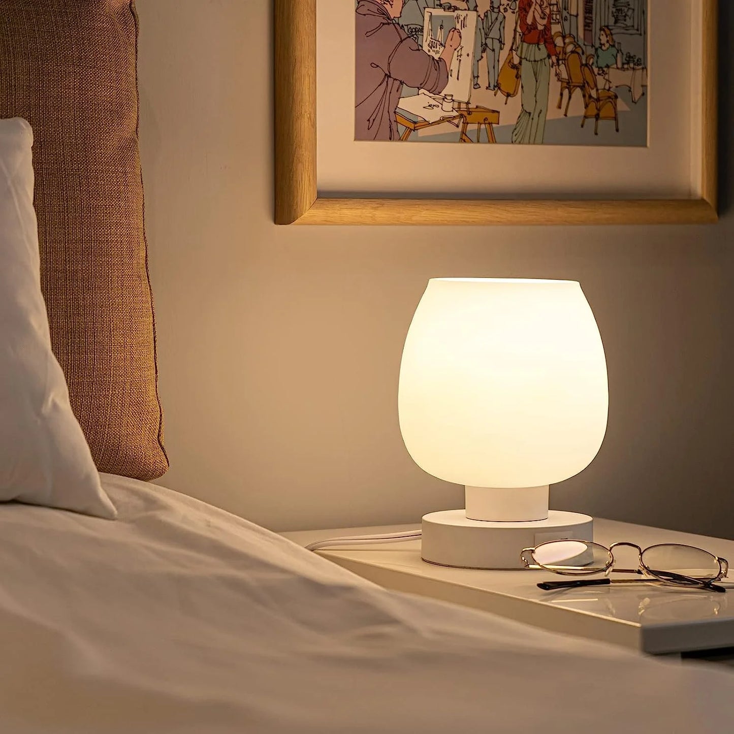 Bedside Lamp, Touch Control Table Lamp with USB A+C Charging Ports, 3-Way Dimmable Small Nightstand Lamp with Glass Lamp Shade for Bedroom Living Room