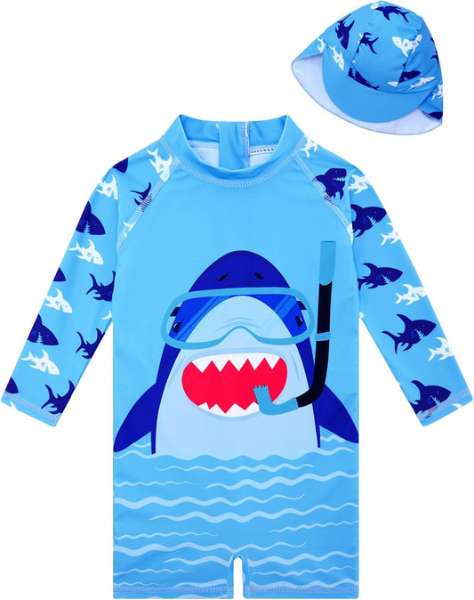 Baby Boys Swimsuit Summer Beach Rash Guard Swimwear One Piece Sunsuit with Sun Hat 3-24 Months