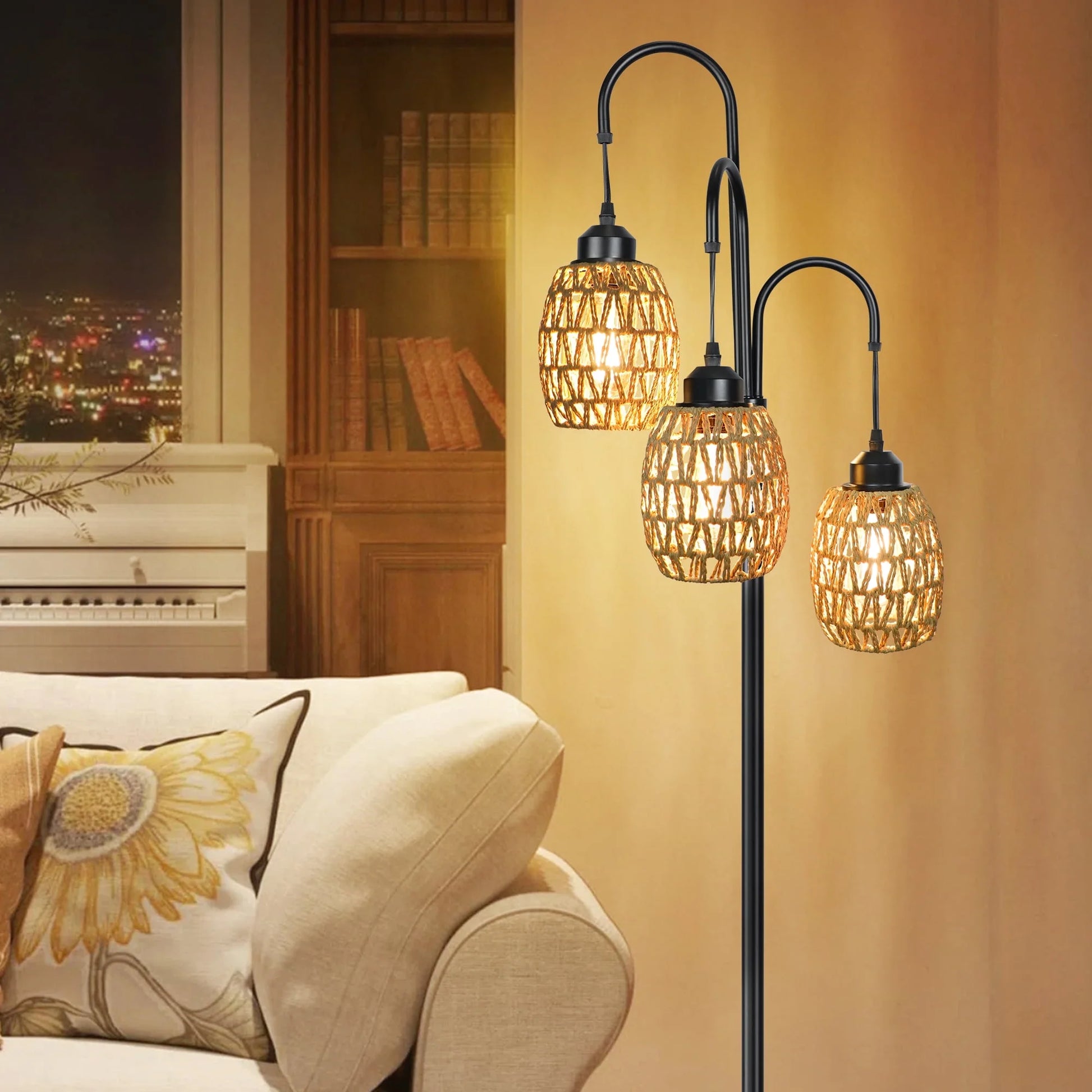 69'' Tree Floor Lamp for Living Room Clearance, 3 Light Dimmable Tall Standing Lamp with Rattan Lampshade, Farmhouse Floor Lamp with 3 LED Bulbs for Bedroom Office, Boho