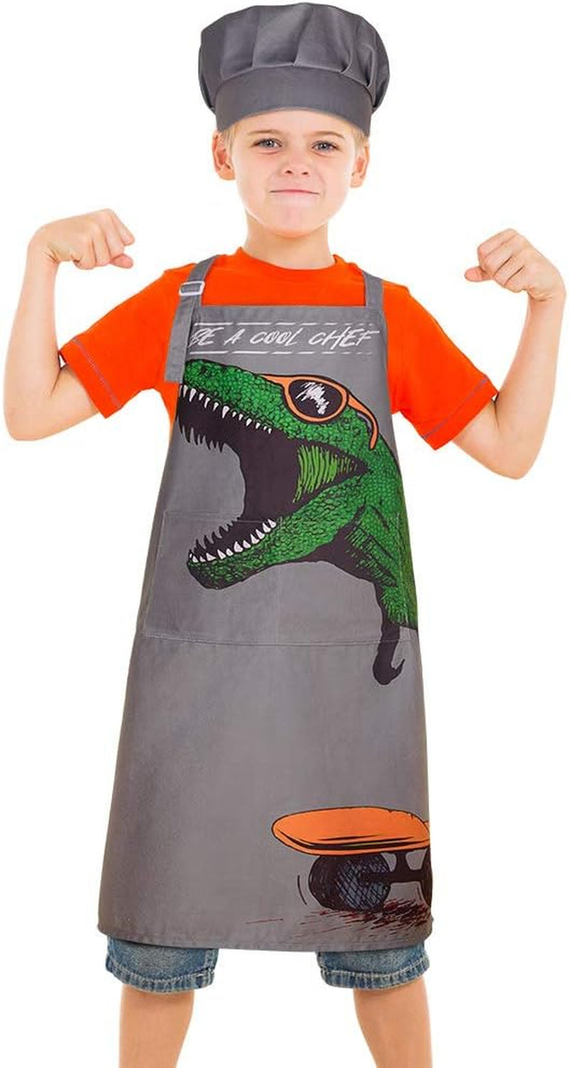 Kids Apron and Chef Hat for Boys Dinosaur Adjustable Child Aprons with Pockets for Cooking Baking Painting 3-12 Years