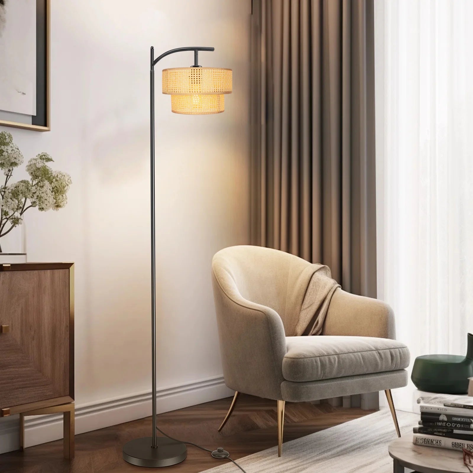 Arc Floor Lamp, Farmhouse Floor Lamp with Double Lampshade, Rattan Boho Tall Standing Lamp for Living Room Bedroom Offfice(Beige)