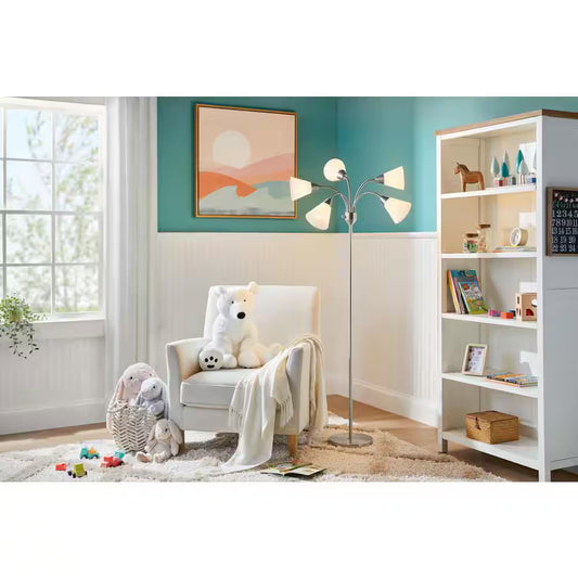 67 In. 5-Light Brushed Nickel Gooseneck Floor Lamp with White Acrylic Shades