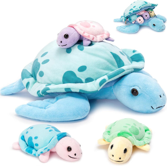 Sea Turtle Stuffed Animal, Soft Mommy Turtle Plush Toy with 3 Babies, Blue Stuffed Marine Life for Kids Girl Boy(Blue)