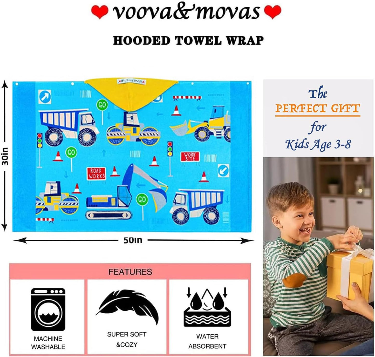 Kids Towels Age 3-10, 30''X50, Soft | Thick | 100% Cotton, Large Absorbent Beach, Bath, Pool, Swim Towels | Cover up for Boys | Excavator Vehicle