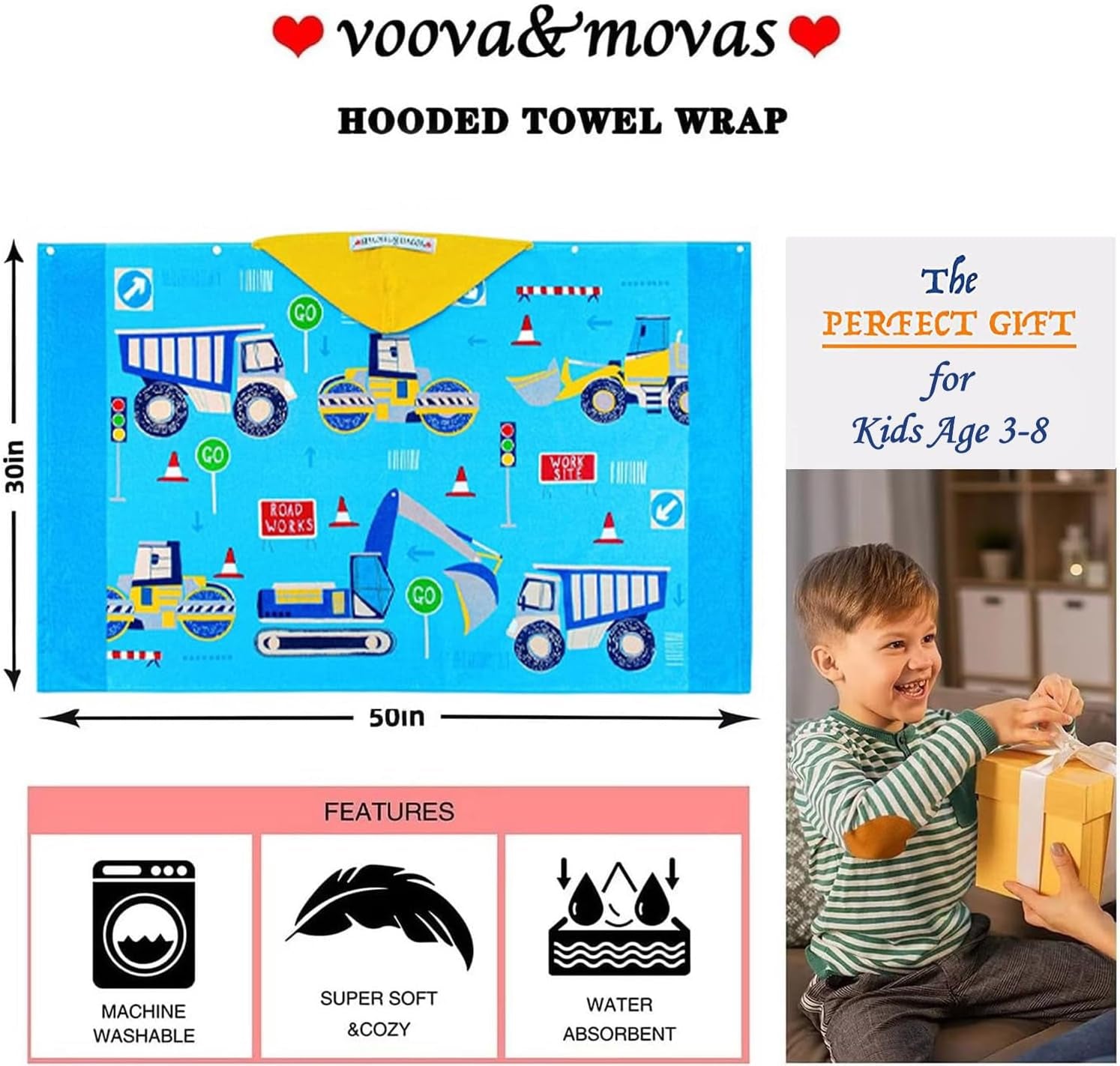 Kids Towels Age 3-10, 30''X50, Soft | Thick | 100% Cotton, Large Absorbent Beach, Bath, Pool, Swim Towels | Cover up for Boys | Excavator Vehicle