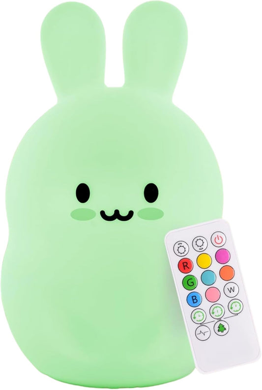 Baxter the Bunny Squishy Night Light for Kids | Silicone Lamp with Tap & Remote Control | Rechargeable Color Changing Animal Night Light for Boys & Girls | Portable Nightlight with USB Cord