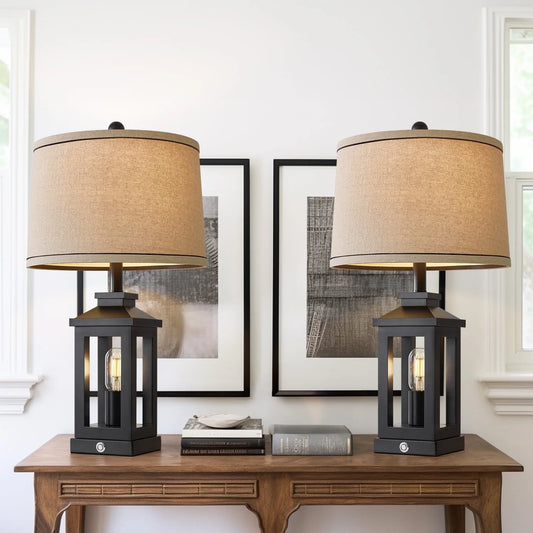 23.75" MDF Plastic Table Lamps Farmhouse Lamp Set of 2 for Living Room Bedroom Bedside Nightstand Lamps with USB A+C Ports(4 Bulbs)
