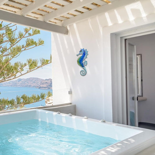 Large Metal and Glass Seahorse Wall Decor, Sea Life Decor, Metal Fish Wall Decor, Ocean Beach Theme Wall Art for Bathroom Home Pool Gift Idea