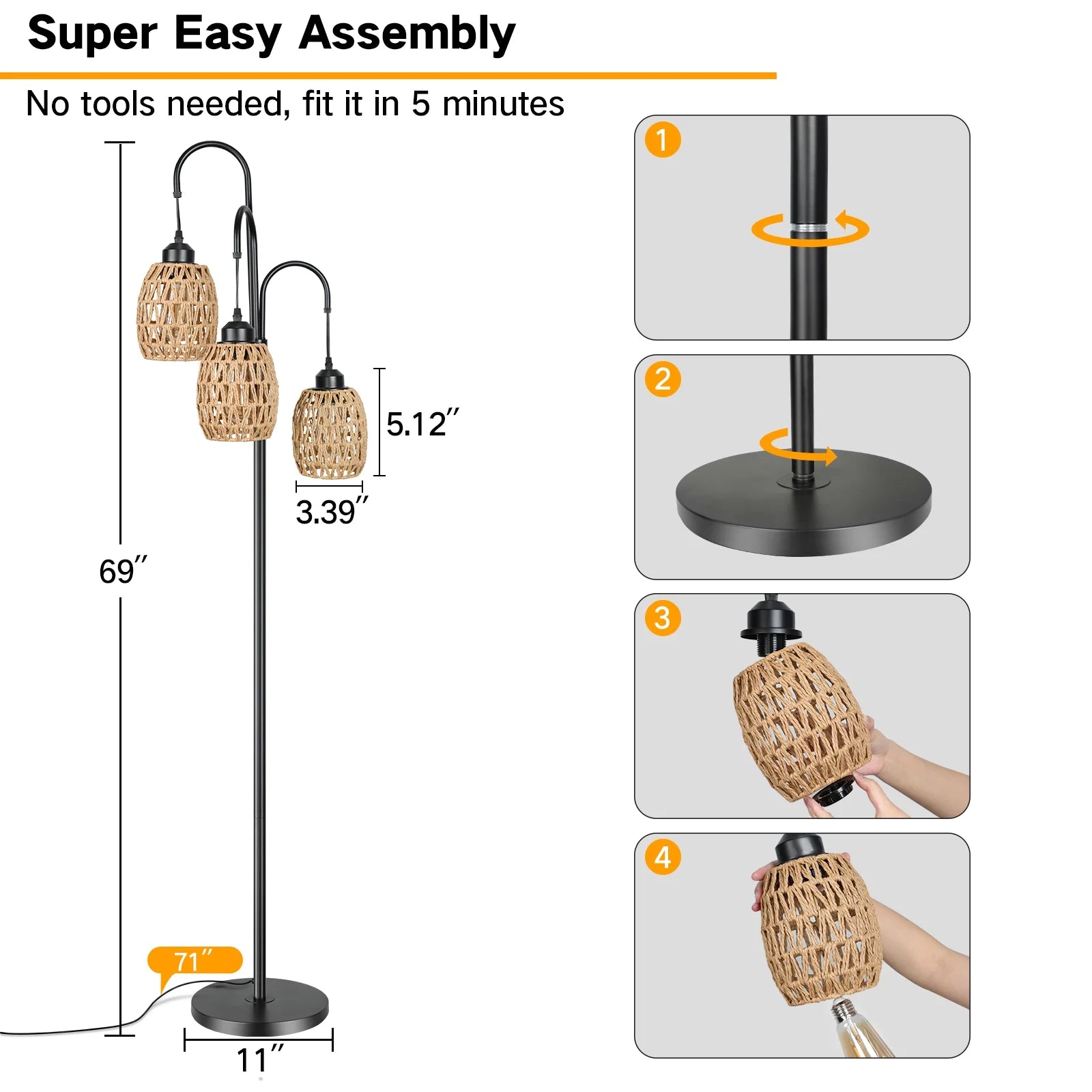 69'' Tree Floor Lamp for Living Room Clearance, 3 Light Dimmable Tall Standing Lamp with Rattan Lampshade, Farmhouse Floor Lamp with 3 LED Bulbs for Bedroom Office, Boho