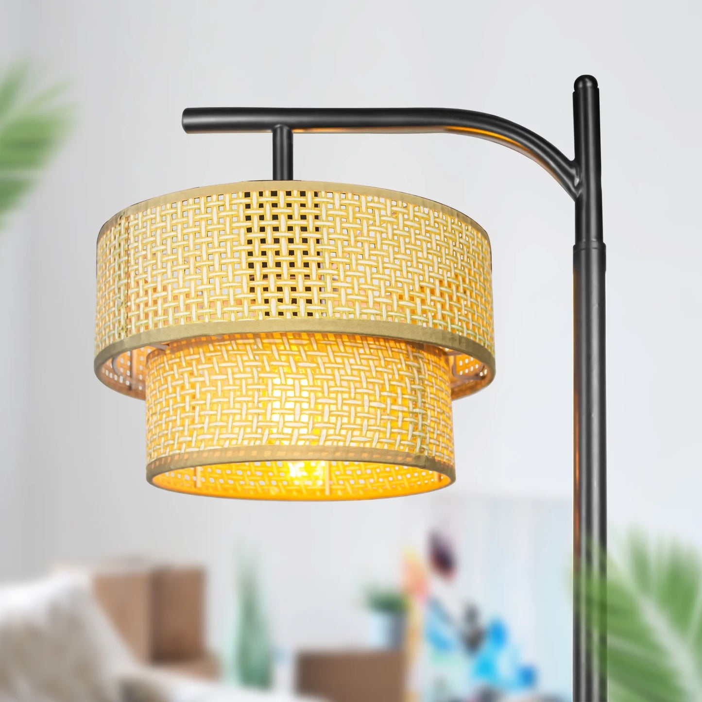 Arc Floor Lamp, Farmhouse Floor Lamp with Double Lampshade, Rattan Boho Tall Standing Lamp for Living Room Bedroom Offfice(Beige)