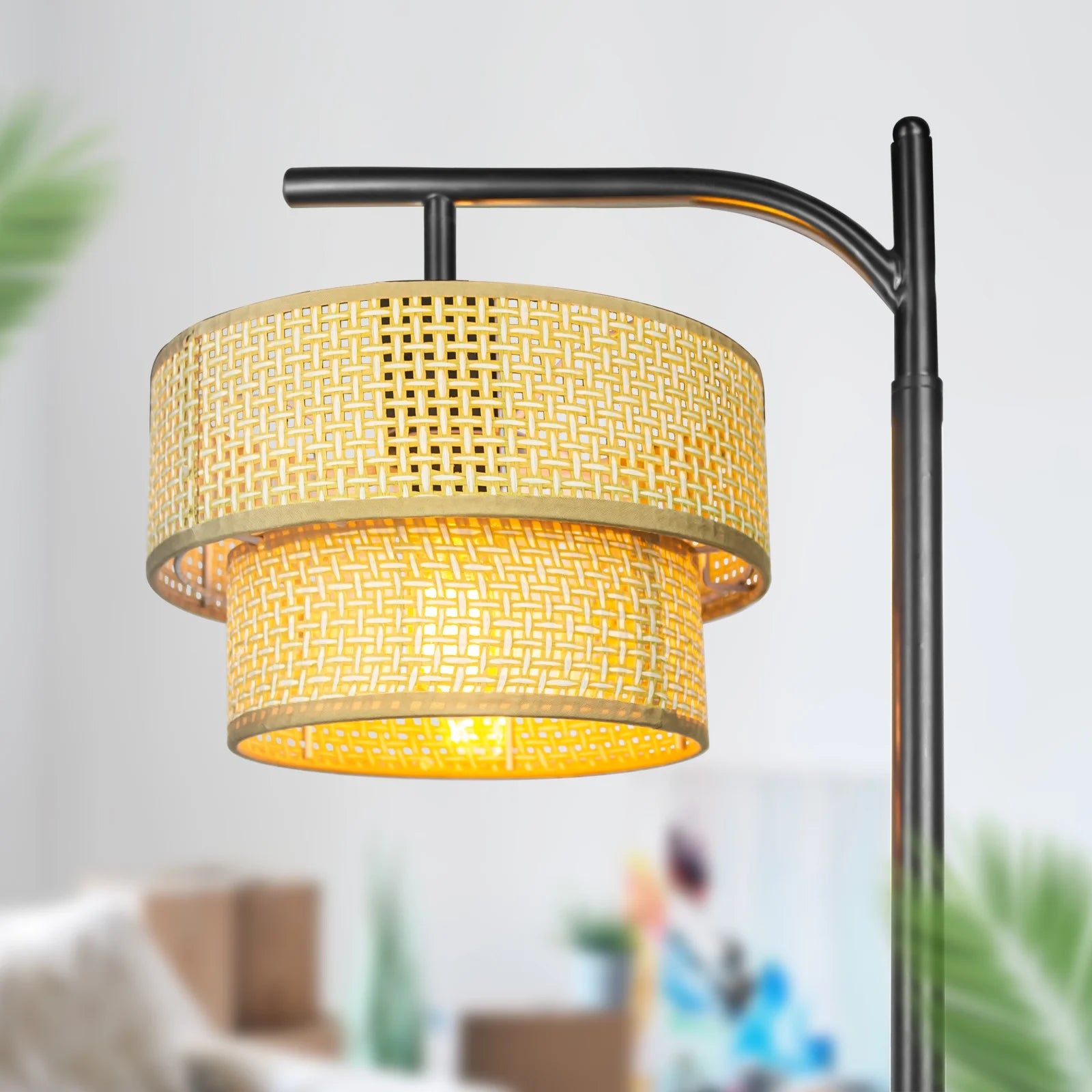 Arc Floor Lamp, Farmhouse Floor Lamp with Double Lampshade, Rattan Boho Tall Standing Lamp for Living Room Bedroom Offfice(Beige)