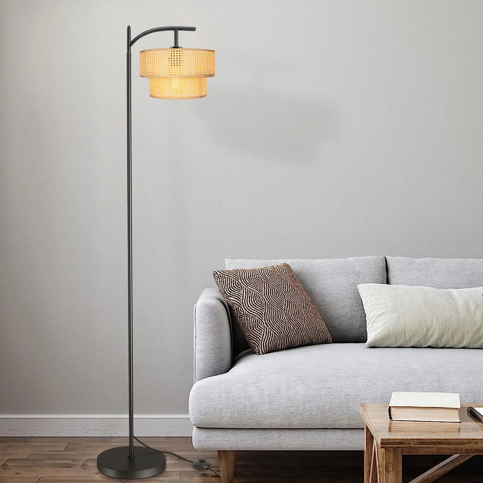 Arc Floor Lamp, Farmhouse Floor Lamp with Double Lampshade, Rattan Boho Tall Standing Lamp for Living Room Bedroom Offfice(Beige)