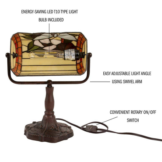 12.5 In. Multi-Colored Tiffany Style LED Bankers Lamp with Butterfly Design