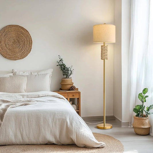 62" Farmhouse Gold Floor Lamp for Living Room with Twine Body,Retro Tall Standing Lamp for Bedroom, Office,Lighting,Decor