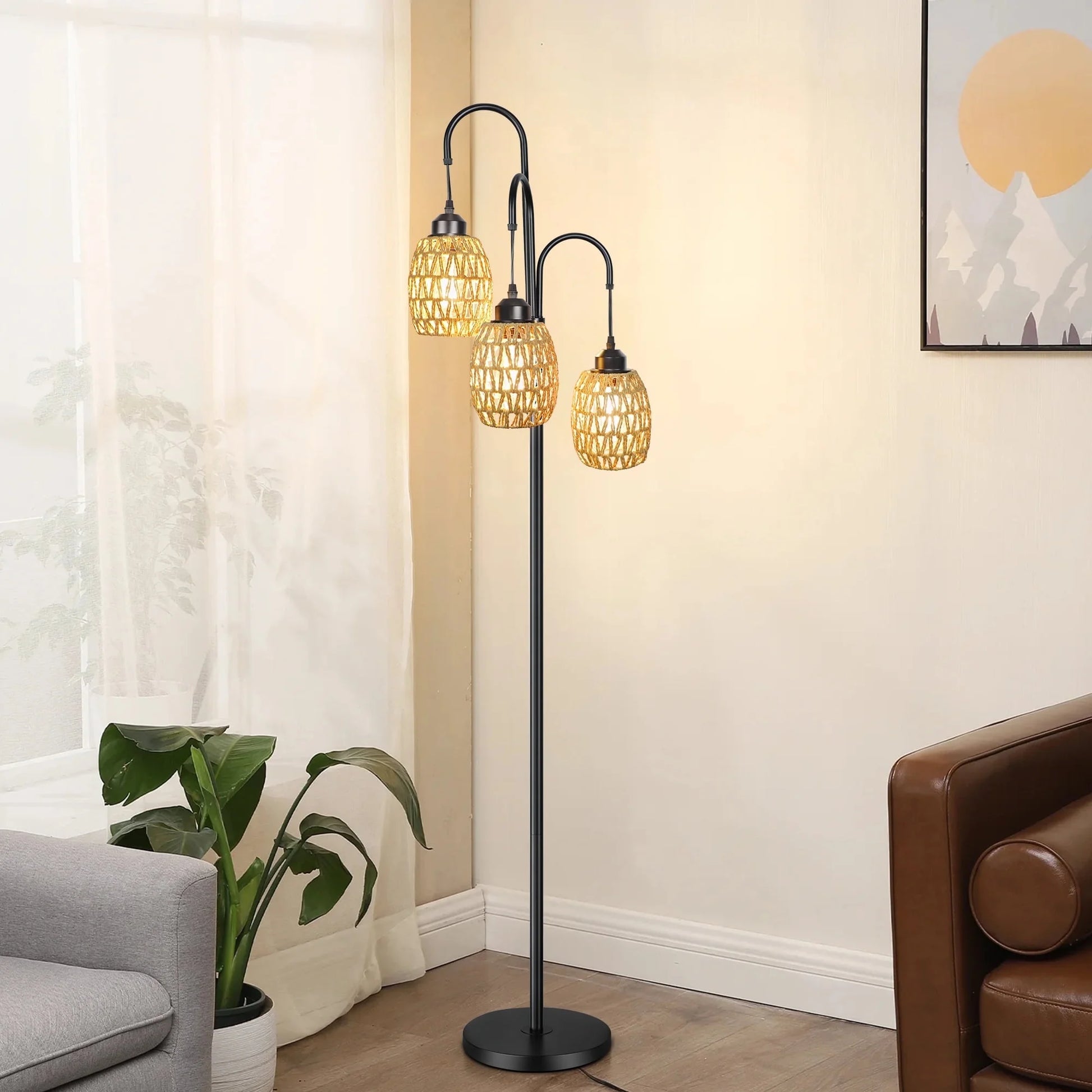 69'' Tree Floor Lamp for Living Room Clearance, 3 Light Dimmable Tall Standing Lamp with Rattan Lampshade, Farmhouse Floor Lamp with 3 LED Bulbs for Bedroom Office, Boho