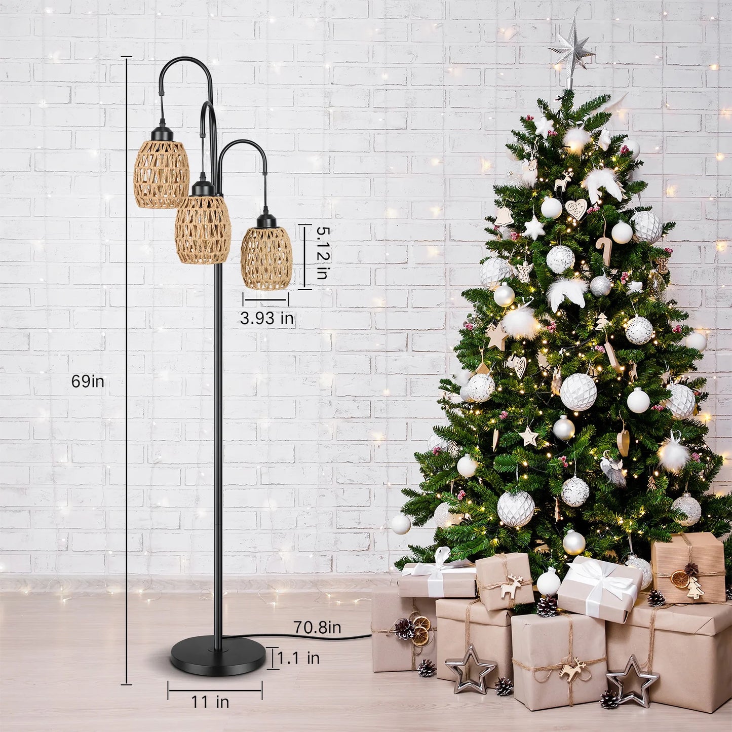 69'' Tree Floor Lamp for Living Room Clearance, 3 Light Dimmable Tall Standing Lamp with Rattan Lampshade, Farmhouse Floor Lamp with 3 LED Bulbs for Bedroom Office, Boho