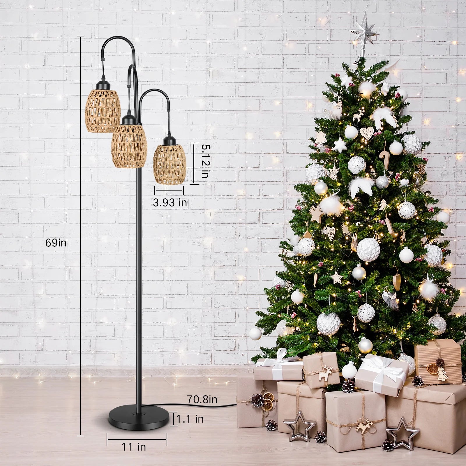 69'' Tree Floor Lamp for Living Room Clearance, 3 Light Dimmable Tall Standing Lamp with Rattan Lampshade, Farmhouse Floor Lamp with 3 LED Bulbs for Bedroom Office, Boho