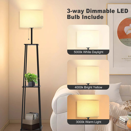 65" Floor Lamp with Shelves, Modern Square Standing Lamp with 3 Color Temperature Bulb – Corner Display Bookshelf Lamp for Living Room and Bedroom